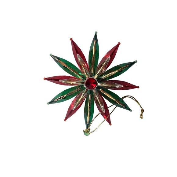 Vintage MCM 3D Red Clear Green Gold Plastic Flower Christmas Ornament 3.5" - Picture 4 of 5